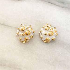 Vintage Brutalist Style Clip On Earrings White‎ Enamel Gold Toned Metal Round